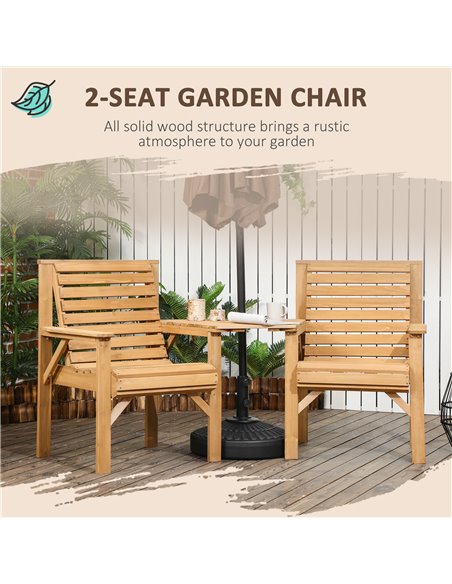 Outsunny Wooden Garden Love Seat, 2 Seater Jack & Jill Companion Seat with Coffee Table and Parasol Hole, Partner Bench, Partner - pic 54768 | FastDaddyshop