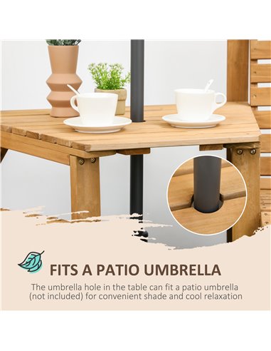 Outsunny Wooden Garden Love Seat, 2 Seater Jack & Jill Companion Seat with Coffee Table and Parasol Hole, Partner Bench, Partner