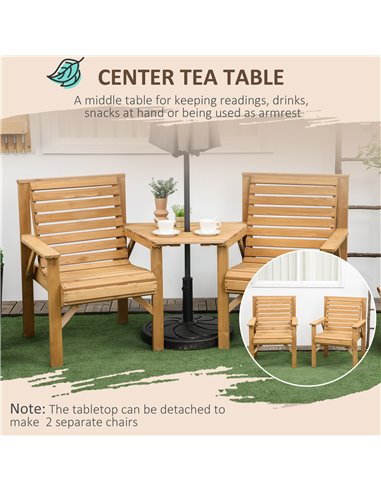 Outsunny Wooden Garden Love Seat, 2 Seater Jack & Jill Companion Seat with Coffee Table and Parasol Hole, Partner Bench, Partner