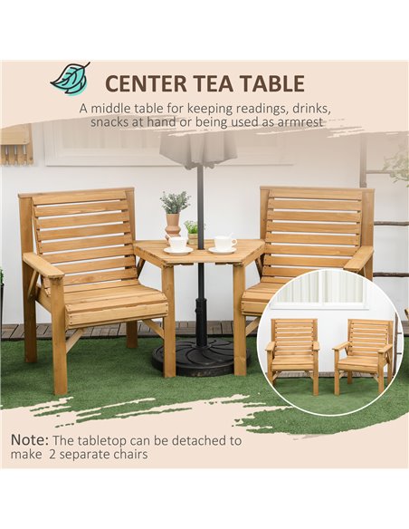 Outsunny Wooden Garden Love Seat, 2 Seater Jack & Jill Companion Seat with Coffee Table and Parasol Hole, Partner Bench, Partner - pic 54770 | FastDaddyshop
