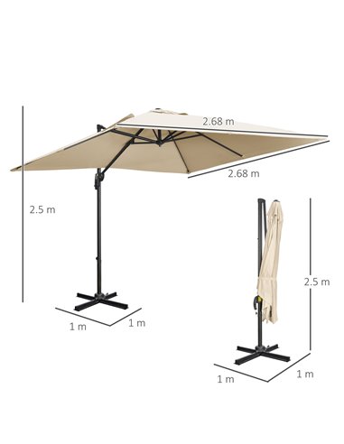 Outsunny 2.7 x 2.7 m Cantilever Parasol, Square Overhanging Umbrella with Cross Base, Crank Handle, Tilt, 360° Rotation, Alumini