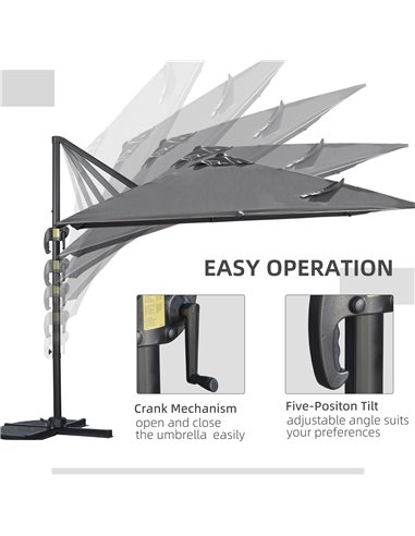 Outsunny 2.7 x 2.7 m Cantilever Parasol, Square Overhanging Umbrella with Cross Base, Crank Handle, Tilt, 360° Rotation and Alum