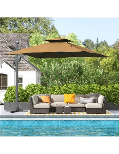Outsunny Garden Cantilever Parasol 3(m) Cross Base, Khaki 84D-322V00KK