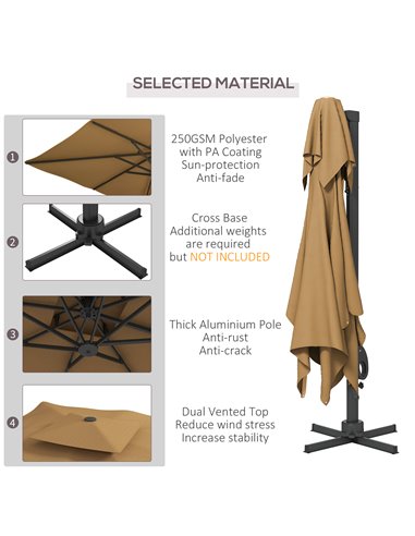 Outsunny Garden Parasol, 3(m) Cantilever Parasol with Hydraulic Mechanism, Dual Vented Top, 8 Ribs, Cross Base, Khaki 84D-322V00