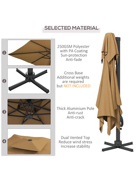 Outsunny Garden Parasol, 3(m) Cantilever Parasol with Hydraulic Mechanism, Dual Vented Top, 8 Ribs, Cross Base, Khaki 84D-322V00 - pic 54840 | FastDaddyshop