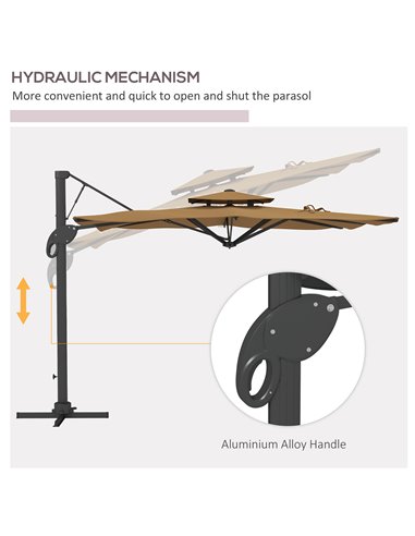 Outsunny Garden Parasol, 3(m) Cantilever Parasol with Hydraulic Mechanism, Dual Vented Top, 8 Ribs, Cross Base, Khaki 84D-322V00