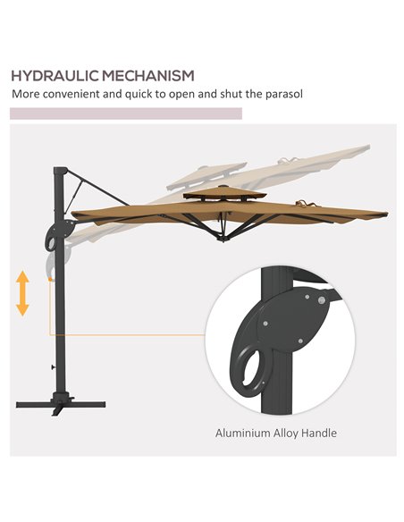 Outsunny Garden Parasol, 3(m) Cantilever Parasol with Hydraulic Mechanism, Dual Vented Top, 8 Ribs, Cross Base, Khaki 84D-322V00 - pic 54841 | FastDaddyshop