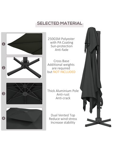 Outsunny Garden Parasol, 3(m) Cantilever Parasol with Hydraulic Mechanism, Dual Vented Top, 8 Ribs, Cross Base, Grey 84D-322V00C