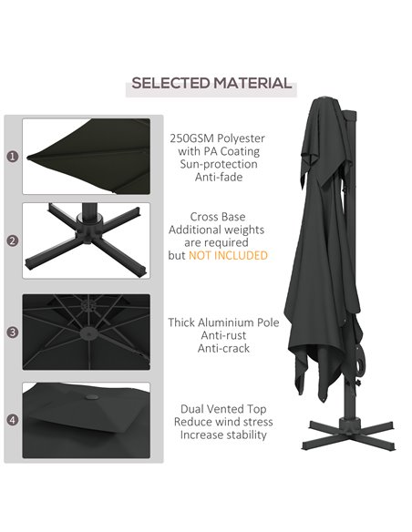 Outsunny Garden Parasol, 3(m) Cantilever Parasol with Hydraulic Mechanism, Dual Vented Top, 8 Ribs, Cross Base, Grey 84D-322V00C - pic 54849 | FastDaddyshop