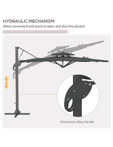 Outsunny Garden Parasol, 3(m) Cantilever Parasol with Hydraulic Mechanism, Dual Vented Top, 8 Ribs, Cross Base, Grey 84D-322V00C