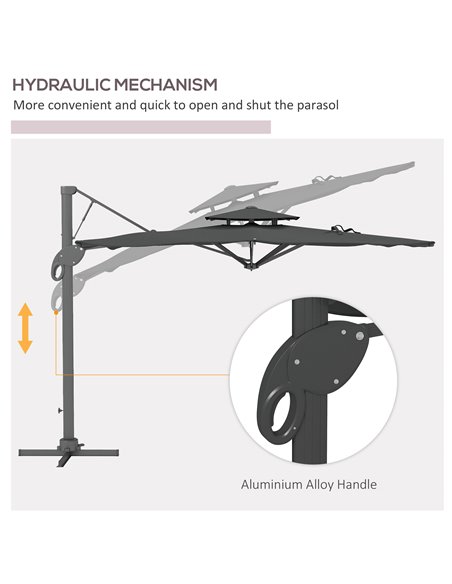 Outsunny Garden Parasol, 3(m) Cantilever Parasol with Hydraulic Mechanism, Dual Vented Top, 8 Ribs, Cross Base, Grey 84D-322V00C - pic 54850 | FastDaddyshop