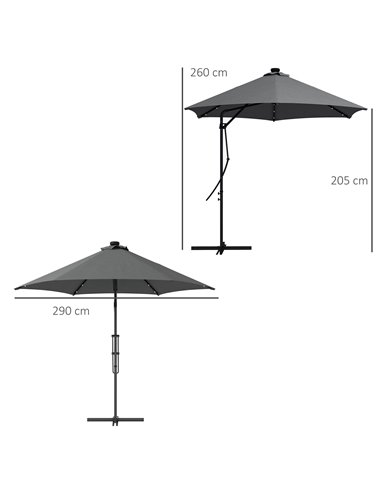 Outsunny 3(m) Garden Parasol Cantilever Umbrella with Solar LED, Cross Base and Waterproof Cover, Dark Grey 84D-266V00CG