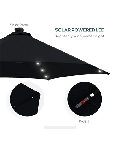 Outsunny 3(m) Garden Parasol Cantilever Umbrella with Solar LED, Cross Base and Waterproof Cover, Black 84D-266V00BK