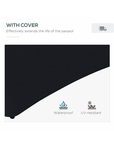 Outsunny 3(m) Garden Parasol Cantilever Umbrella with Solar LED, Cross Base and Waterproof Cover, Black 84D-266V00BK