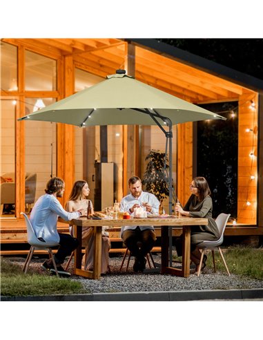 Outsunny 3(m) Garden Parasol Cantilever Umbrella with Solar LED, Cross Base and Waterproof Cover, Beige 84D-266V00BG