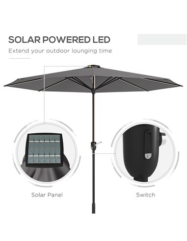 Outsunny Patio Parasol with Solar-Powered LED Lights, Crank Handle Outdoor Umbrella, Charcoal Grey 84D-315V00CG