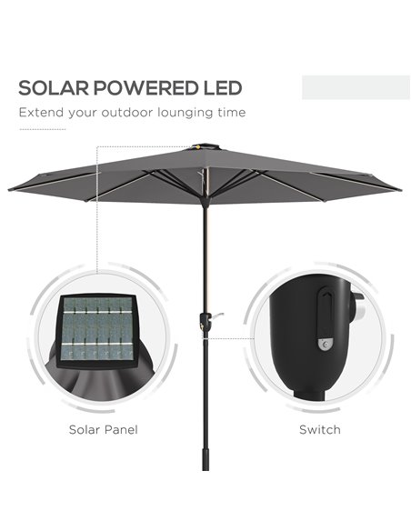 Outsunny Patio Parasol with Solar-Powered LED Lights, Crank Handle Outdoor Umbrella, Charcoal Grey 84D-315V00CG - pic 54966 | FastDaddyshop