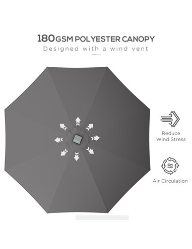 Outsunny Patio Parasol with Solar-Powered LED Lights, Crank Handle Outdoor Umbrella, Charcoal Grey 84D-315V00CG