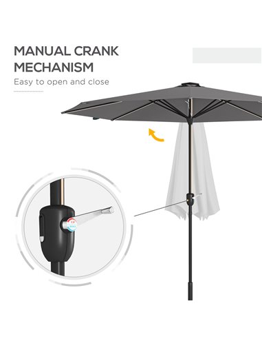 Outsunny Patio Parasol with Solar-Powered LED Lights, Crank Handle Outdoor Umbrella, Charcoal Grey 84D-315V00CG