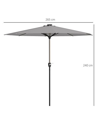 Outsunny Patio Umbrella with Solar-Powered LED Lights, Outdoor Parasol with Crank Handle, Light Grey 84D-315V00LG