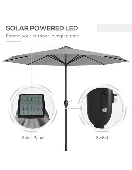 Outsunny Patio Umbrella with Solar-Powered LED Lights, Outdoor Parasol with Crank Handle, Light Grey 84D-315V00LG - pic 54993 | FastDaddyshop
