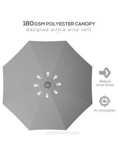 Outsunny Patio Umbrella with Solar-Powered LED Lights, Outdoor Parasol with Crank Handle, Light Grey 84D-315V00LG