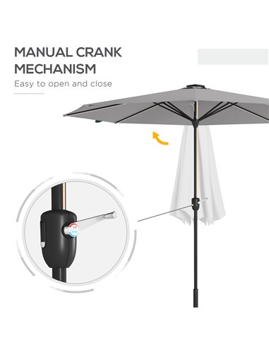 Outsunny Patio Umbrella with Solar-Powered LED Lights, Outdoor Parasol with Crank Handle, Light Grey 84D-315V00LG