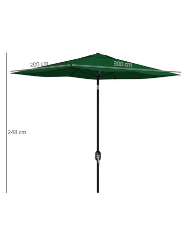 Outsunny Rectangular Outdoor Parasol Market Umbrella with Crank & Push Button Tilt, 6 Ribs, Aluminium Pole, 2 x 3(m), Green 84D-