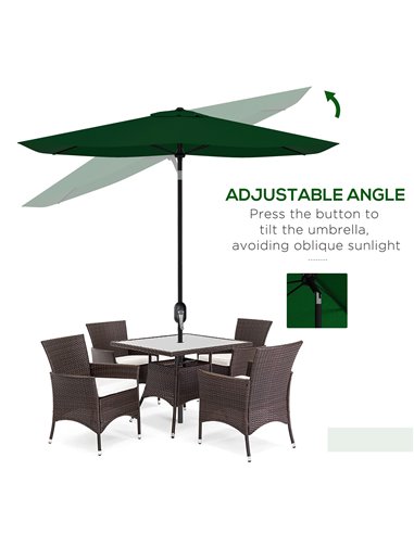 Outsunny Rectangular Outdoor Parasol Market Umbrella with Crank & Push Button Tilt, 6 Ribs, Aluminium Pole, 2 x 3(m), Green 84D-