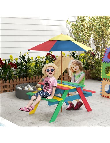 Outsunny Wooden Kids Table and Chair Set with Removable Parasol, for Ages 3-6 Years - Multicoloured 3E2-003V00MX