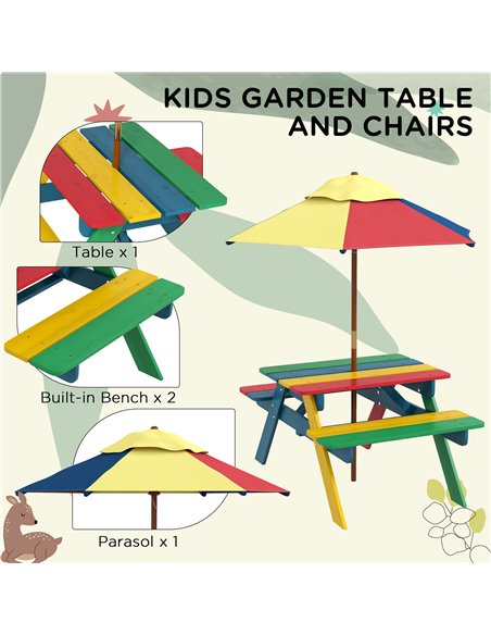 Outsunny Wooden Kids Table and Chair Set with Removable Parasol, for Ages 3-6 Years - Multicoloured 3E2-003V00MX - pic 55020 | FastDaddyshop
