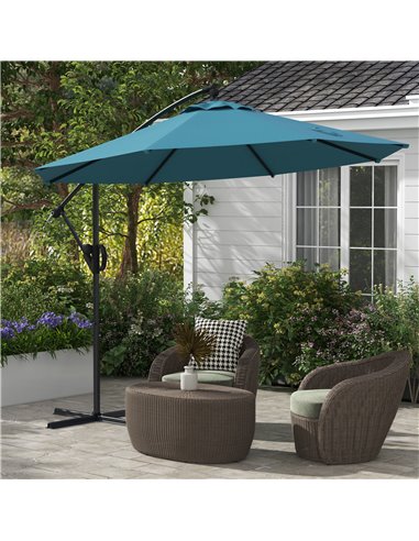 Outsunny Cantilever Parasol 3(m) with Cross Base, Banana Umbrella with Crank Handle, Tilt & 8 Ribs, Blue 84D-331V00BU