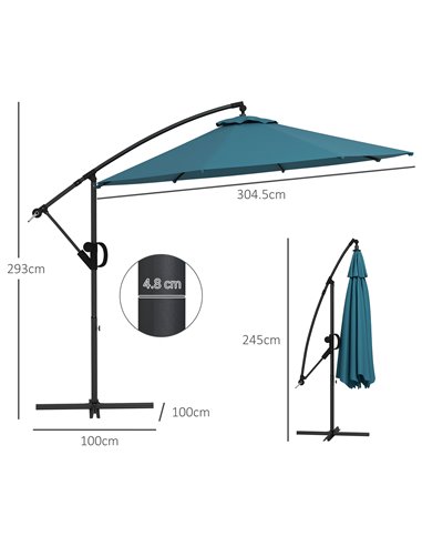 Outsunny Cantilever Parasol 3(m) with Cross Base, Banana Umbrella with Crank Handle, Tilt & 8 Ribs, Blue 84D-331V00BU