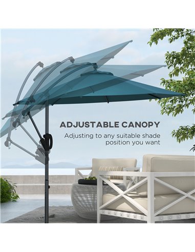 Outsunny Cantilever Parasol 3(m) with Cross Base, Banana Umbrella with Crank Handle, Tilt & 8 Ribs, Blue 84D-331V00BU