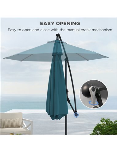 Outsunny Cantilever Parasol 3(m) with Cross Base, Banana Umbrella with Crank Handle, Tilt & 8 Ribs, Blue 84D-331V00BU