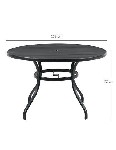Outsunny Garden Table with Parasol Hole, Outdoor Dining Garden Table for Four Persons, Round Patio Table with Slatted Metal Top,