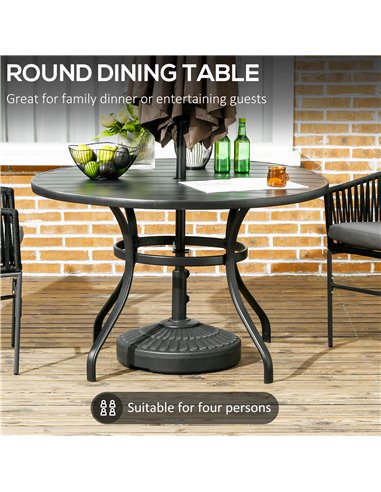 Outsunny Garden Table with Parasol Hole, Outdoor Dining Garden Table for Four Persons, Round Patio Table with Slatted Metal Top,