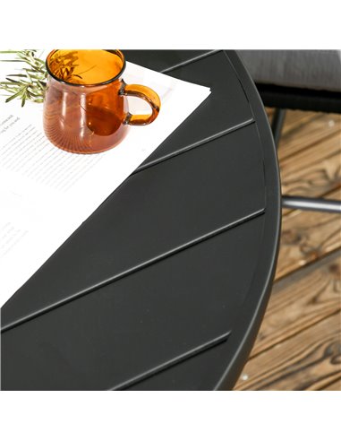 Outsunny Garden Table with Parasol Hole, Outdoor Dining Garden Table for Four Persons, Round Patio Table with Slatted Metal Top,