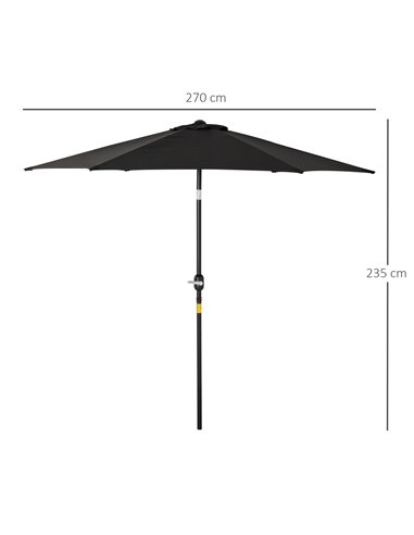 Outsunny Outdoor Garden Parasol with Tilt and Crank Mechanism, 2.7M Sun Shade Umbrella, Aluminium Frame, Black 84D-032BK