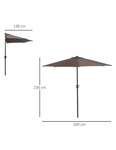 Outsunny 2.7m Balcony Half Parasol Garden Outdoor Umbrella 5 Steel Ribs - Brown 84D-007CF