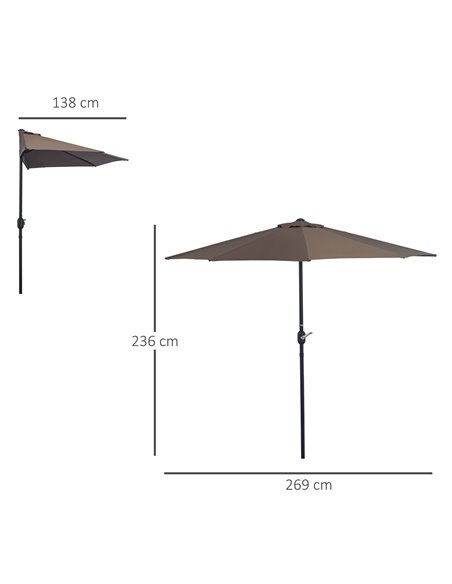 Outsunny 2.7m Balcony Half Parasol Garden Outdoor Umbrella 5 Steel Ribs - Brown 84D-007CF - pic 55064 | FastDaddyshop