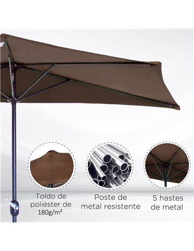 Outsunny 2.7m Balcony Half Parasol Garden Outdoor Umbrella 5 Steel Ribs - Brown 84D-007CF