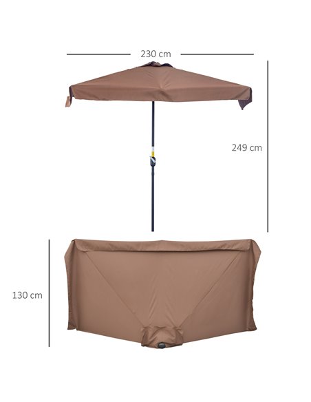 Outsunny 2.3m Patio Semi Round Half Parasol Umbrella with Metal Frame Crank Handle for Balcony- NO BASE INCLUDED, Brown 84D-008V - pic 55082 | FastDaddyshop