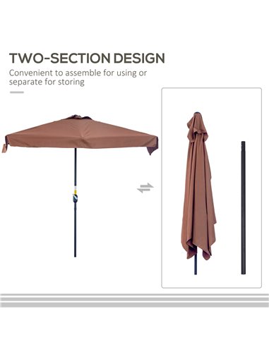 Outsunny 2.3m Patio Semi Round Half Parasol Umbrella with Metal Frame Crank Handle for Balcony- NO BASE INCLUDED, Brown 84D-008V