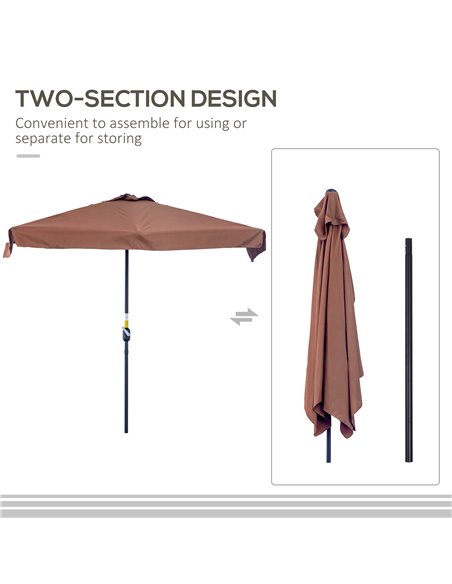 Outsunny 2.3m Patio Semi Round Half Parasol Umbrella with Metal Frame Crank Handle for Balcony- NO BASE INCLUDED, Brown 84D-008V - pic 55083 | FastDaddyshop