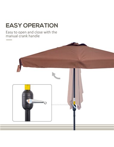 Outsunny 2.3m Patio Semi Round Half Parasol Umbrella with Metal Frame Crank Handle for Balcony- NO BASE INCLUDED, Brown 84D-008V