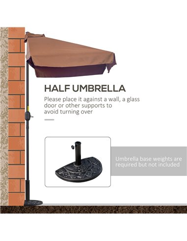 Outsunny 2.3m Patio Semi Round Half Parasol Umbrella with Metal Frame Crank Handle for Balcony- NO BASE INCLUDED, Brown 84D-008V