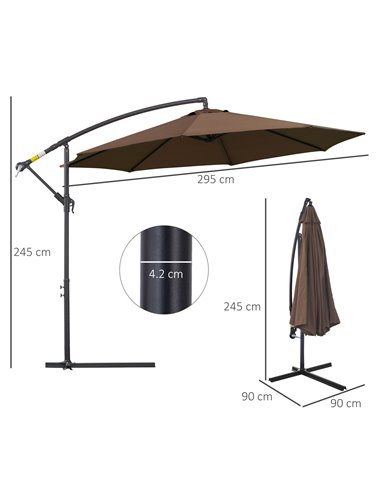 Outsunny 3M Brown Cantilever Umbrella, Hanging Banana Parasol, Steel Frame, for Patio Sun Shade 84D-037CF