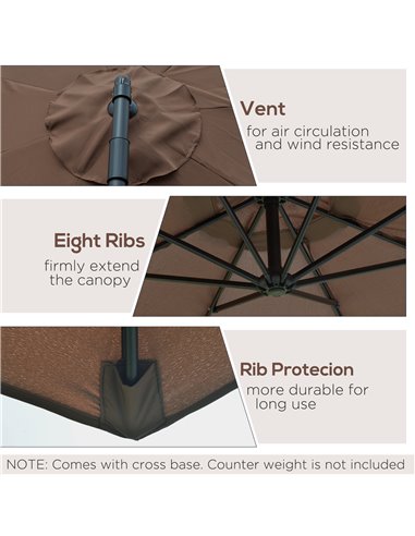 Outsunny 3M Brown Cantilever Umbrella, Hanging Banana Parasol, Steel Frame, for Patio Sun Shade 84D-037CF