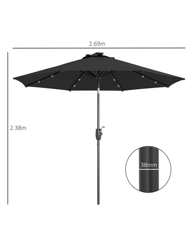Outsunny Garden Parasol with Solar LED Lights, Tilt Sun Umbrella, Outdoor Patio Shade, 24 LED, Hand Crank, 8 Ribs, 2.7m, Black 8